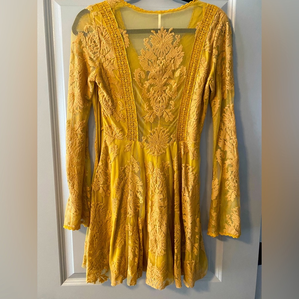 Yellow Lace Long-Sleeve Mini Dress